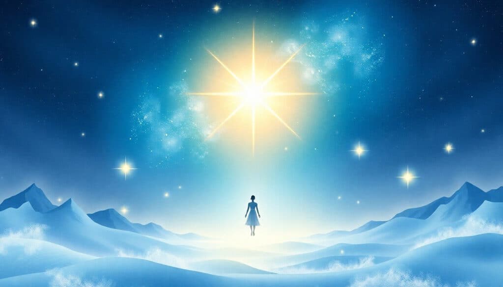 Zitat Rudolf Steiner: "Jeder Mensch hat seinen Stern, der bestimmend ist für das, was er sich erarbeitet zwischen dem Tode und einer neuen Geburt, und er kommt aus der Richtung eines bestimmten Sternes her."